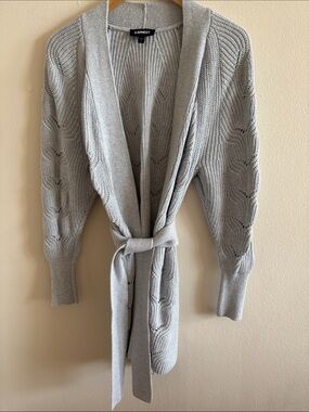 Express Gray Belted Knit Cardigan Size M Cozy Long Cardigan
